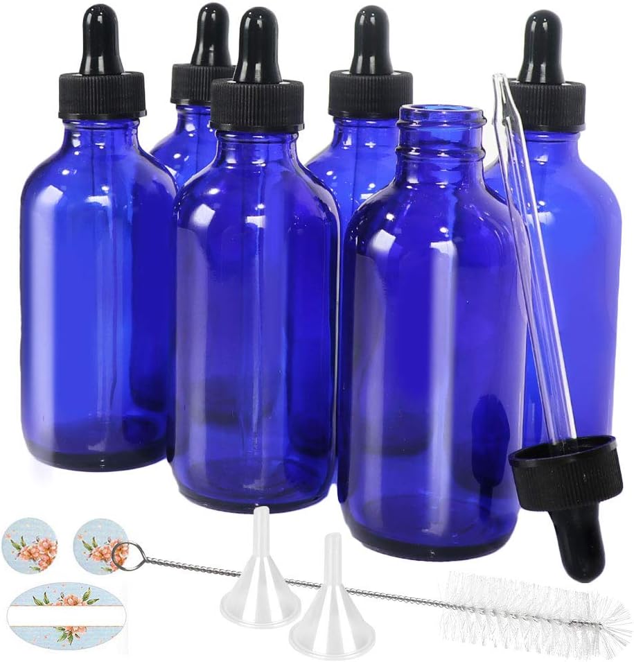 4 oz Glass Bottles with Glass Droppers & Plastic Cap,Brush, Funnels and Labels, Blue Travel Bottles for Essential Oils, Liquids and Chemical Lab. Set of 6 Pack.: Beauty