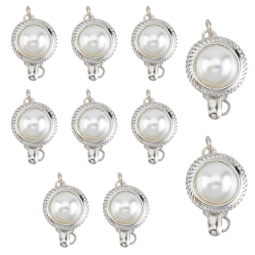 SUPERFINDINGS 10Pcs Pearl Box Clasp Round Alloy Box Clasps with Pearl Silver Pearl Box Clasp for Necklace Antique Synthetic Pearl Clasps for Earrings Jewelry Making