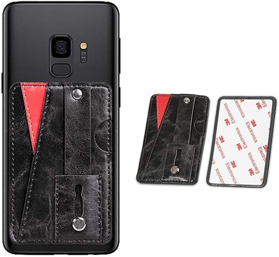 Cmeka Cell Phone Wallet,Credit Card Holder for Back of Phone Pocket 3M Adhesive Sticker Card Pouch Sleeve for iPhone/Samsung Galaxy/Sony/Android and Most Smartphones (Black-with Ring)