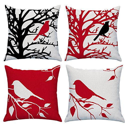 LAZAMYASA Square Cartoon Bird Printed Cushion Cover Cotton Throw Pillow Case Sham Slipover Pillowslip Pillowcase for Home Sofa Couch Chair Back Seat,4PCS,Red,20x20in - Thumbnail 2