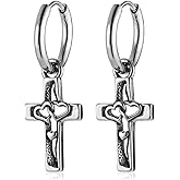 HZMAN Stainless Steel Huggie Hoop Earrings for Women Retro Love Heart Cross Drop Dangle Earrings