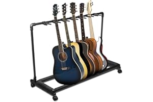 AZOR Multi Guitar Stand Folding 7 Holder Guitar Rack with Wheels for Acoustic, Electric, and Bass Guitars - Soft Cushioning S
