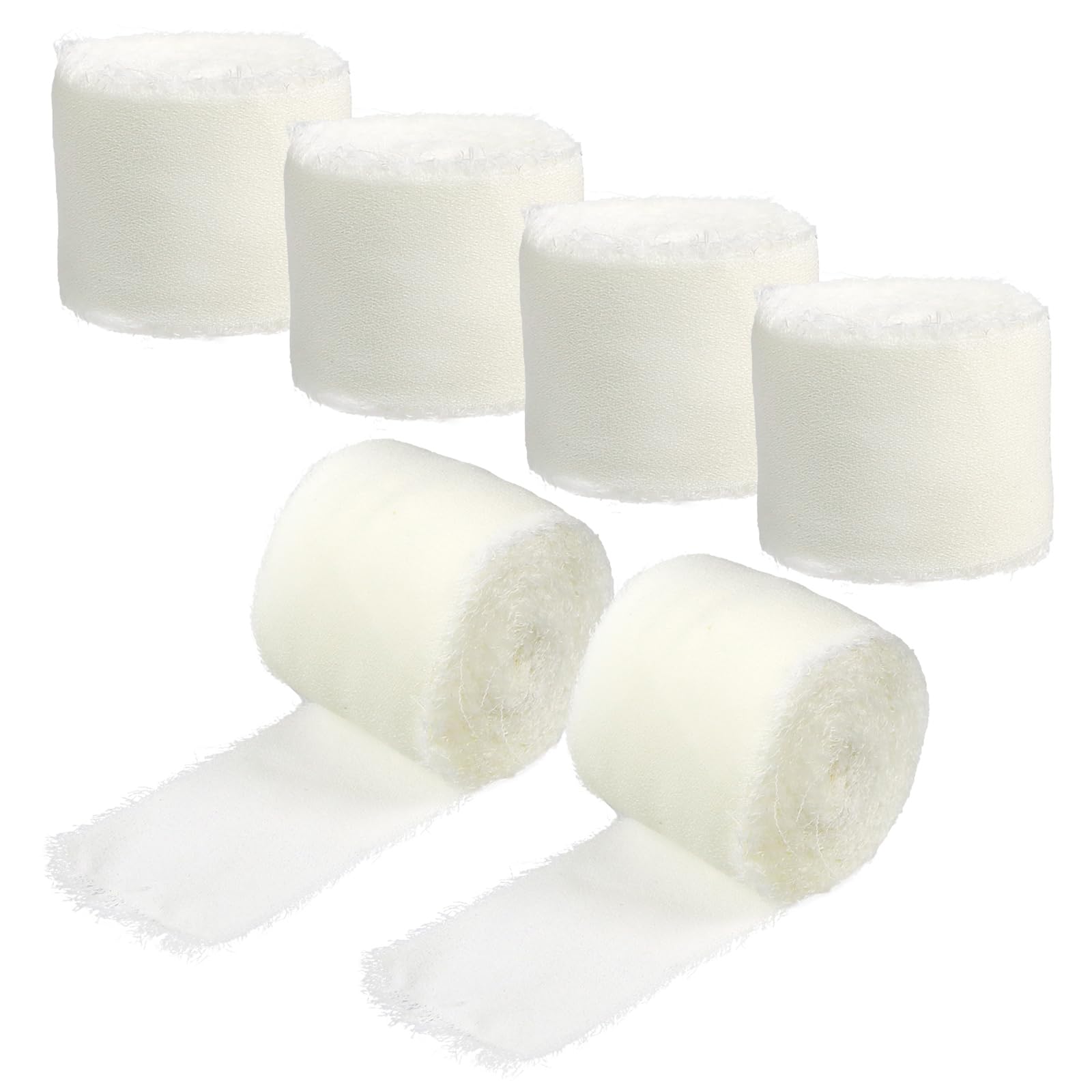 DBOO Handmade Chiffon Ribbon Rolls - 6 Rolls Fringe Chiffon Ribbon 3cm X 5m of Rustic Frayed Edge Ribbon Chiffon Silk Ribbon Vintage Ribbon for Gift Wrapping Bridal Bouquets (Cream White)