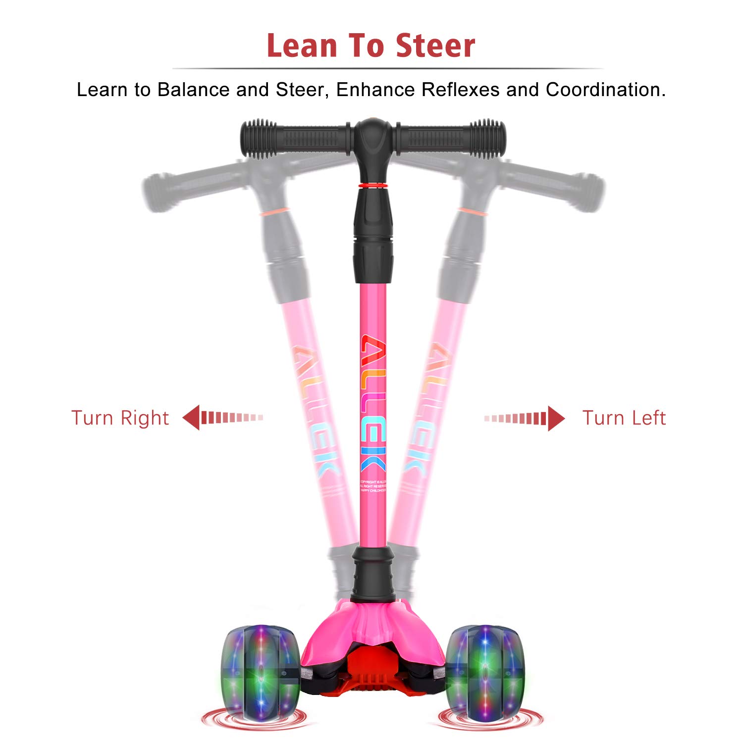 Allek Kick Scooter B02, Lean 'N Glide Scooter with Extra Wide PU Light-Up Wheels and 4 Adjustable Heights for Children from 3-12yrs (Rose Pink)