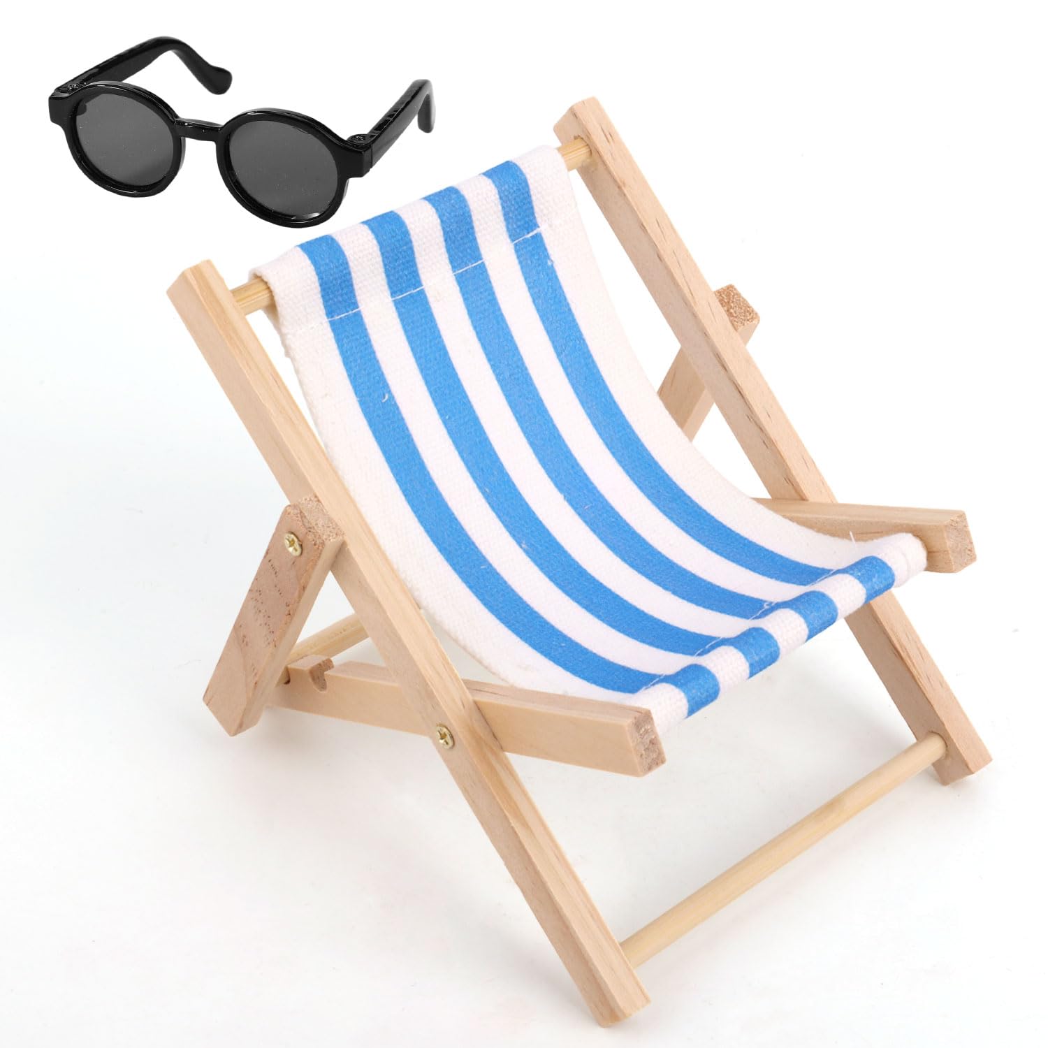 6.69in 17cm Doll Accessories : Have a Seat Set, Includes Wooden Mini Folding Beach Chair & Plastic Miniature Sunglasses for Doll House Furniture Decorations (Blue)