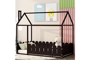 Harper & Bright Designs House Twin Bed for Kids, Twin Size Bed with Roof and Fence, Wood Bed Frame for Kids, Teens, Girls & Boys, Easy Assembly (Espresso)