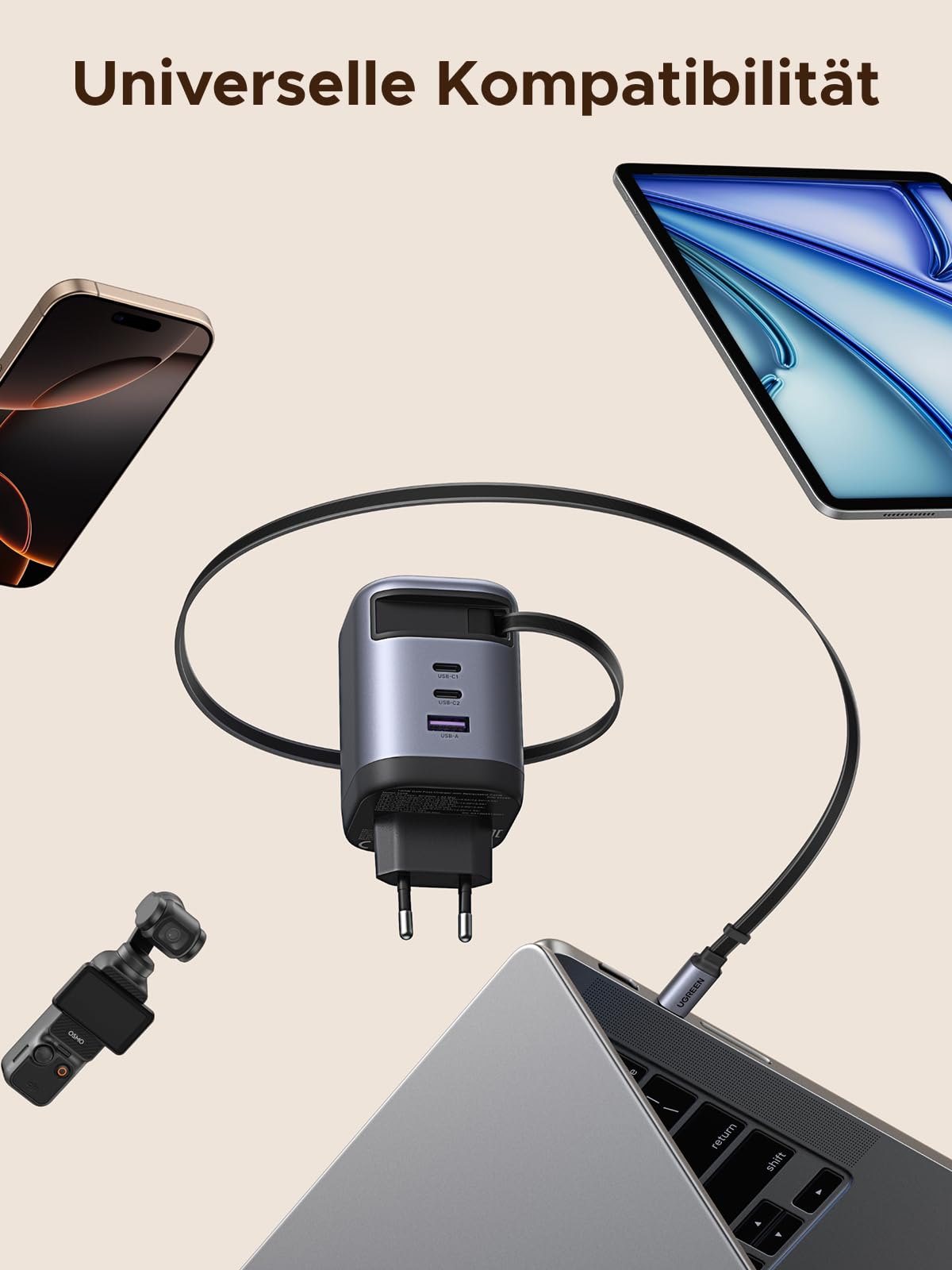 UGREEN Nexode 100W USB C Ladegerät mit Einziehbarem Kabel 4-Port GaN Netzteil Retractable Charger mit Ladekabel für Laptop kompatibel mit MacBook Pro/Air, Galaxy S-A Serie, iPhone 16-8 Serie, iPads 8