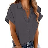 Mintreus Button Down Short Sleeve Shirts for Women V Neck Loose Roll Up Collared Shirt Casual Summer Tops with Pockets