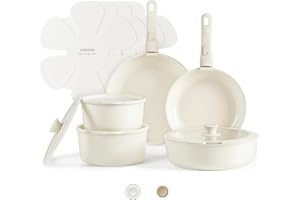 CAROTE 15pcs Ceramic Cookware Set, Pots and Pans Set Non Stick, Induction Kitchen Cookware Sets, Non Stick RV Cookware Set with Detachable Handle, Dishwasher/Oven Safe Cookware Set, Cream White