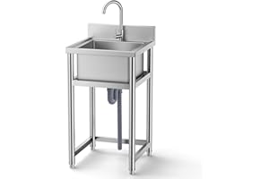 CHIEFINCH Stainless Steel Sink Free Standing Utility Sinks with Large Single Bowl & Cold and Hot Water Pipe, Kitchen Utility Sink for Outdoor, Laundry Room or Backyard, Hand Washing Station (24''L x 24''W)
