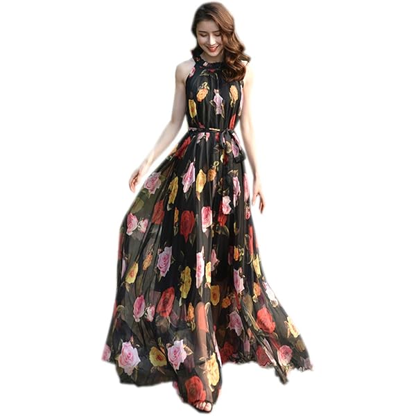 MedeShe Printed Floral Chiffon Maxi Dress Summer Holiday Sundress (Length:  125cm, Orange Lily) at Amazon Women's Clothing store