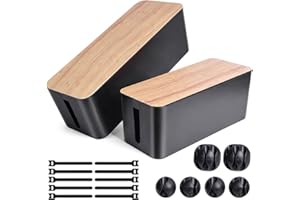 TUWECHEN Cable Management Box, 2 Pack Large & Medium Bamboo Style Cable Organizer Box with 17 PCS Cable Management Set, Cord Organizer Box to Hide Surge Protector on Desk or Floor (Black)