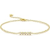 LOKFAM 14K Gold Plated Ankle Bracelets for Womens Ankle Bracelet 14K Gold Plated Anklets for Women Elegant Line with Five Cubic Zirconias Anklets for Womens Adjustable 9.4+1.6in