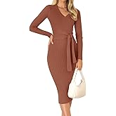 ZESICA Women's 2026 Spring Sweater Dress V Neck Long Sleeve Ribbed Knit Tie Waist Bodycon Slim Fit Midi Dresses