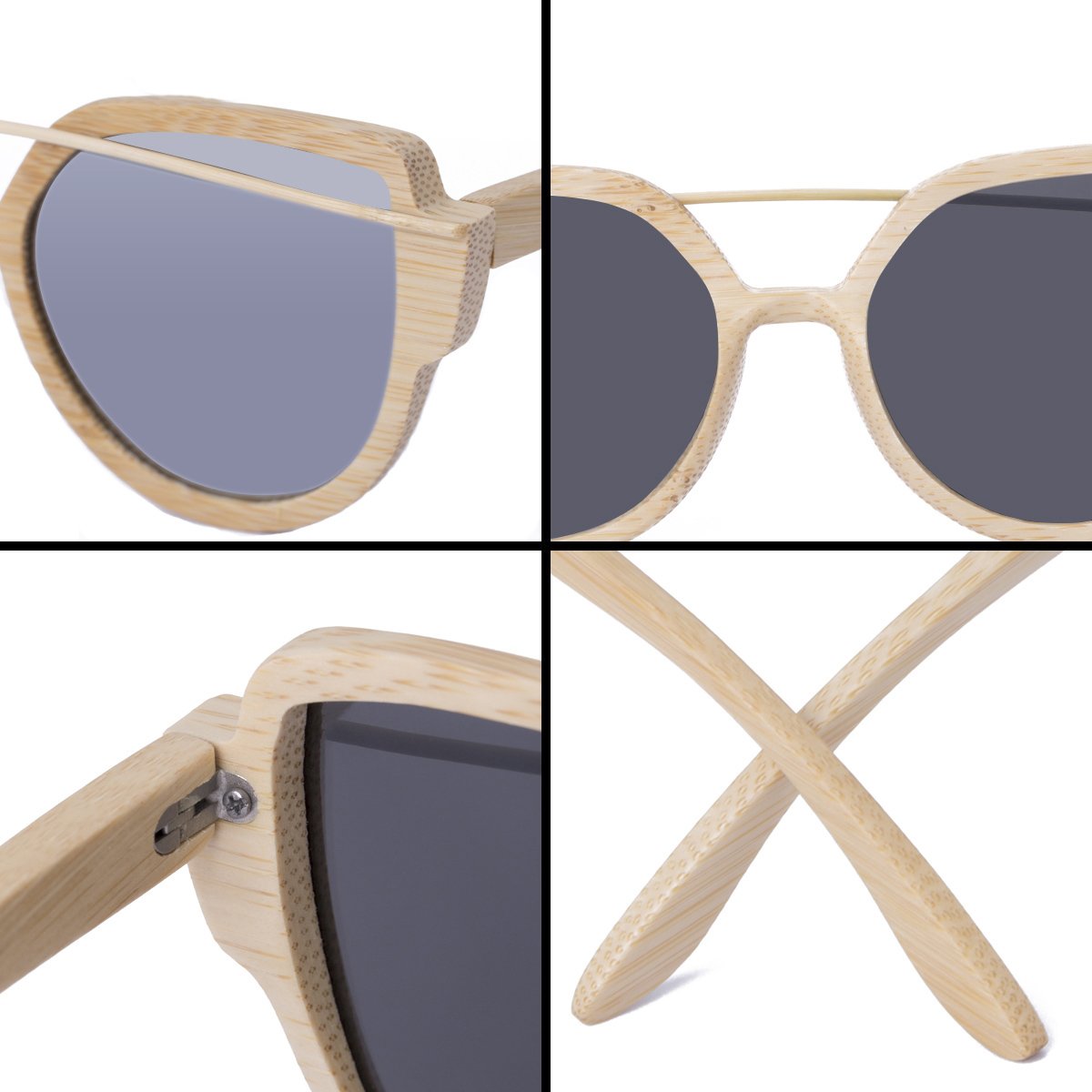 WISH CLUB Women Bamboo Wood Polarized Sunglasses Classic Cat Eye Floating Lightweight UV400 Glasses(Silver)