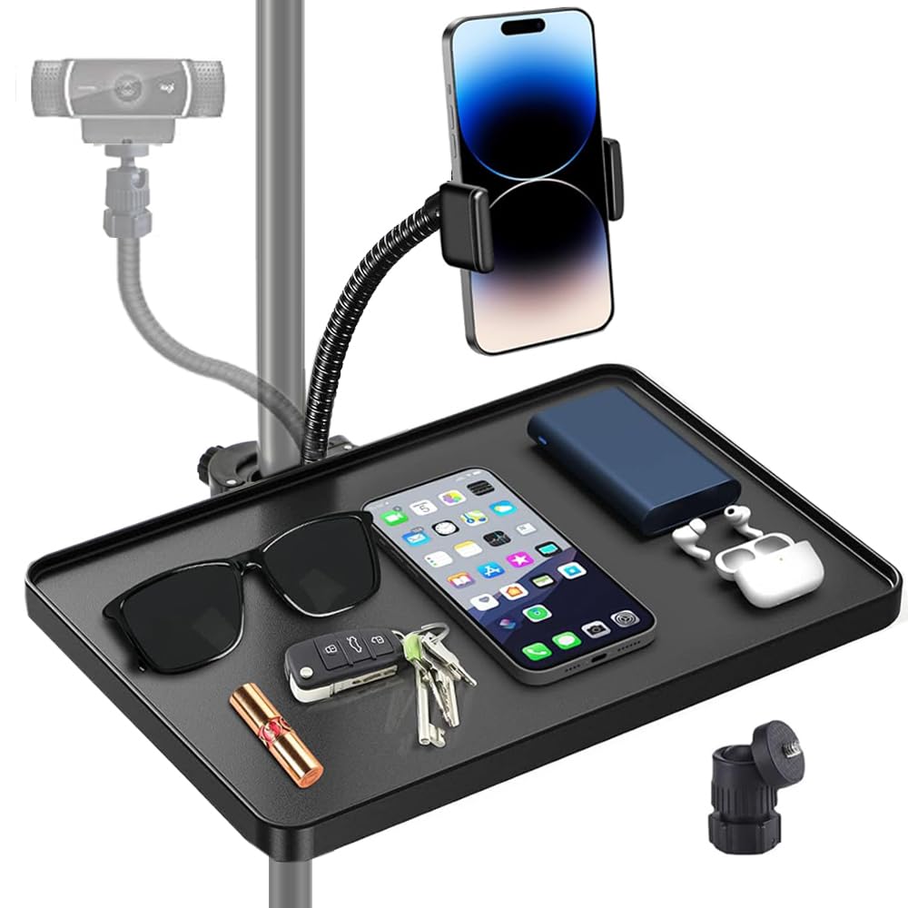 Tentucro Microphone Stand Tray with Phone Webcam Camera Holder, Clamp-On Music Stand Accessories Shelf Tripod Sound Card Rack Tray Holder for Stage, Broadcast, Live Streaming, Recording