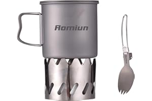 Aomiun Camping Cooking Set with 500ml Pot with Lid, Aluminum Alcohol Stove, Ti Fork and Spoon and Stainless Steel Windscreen 