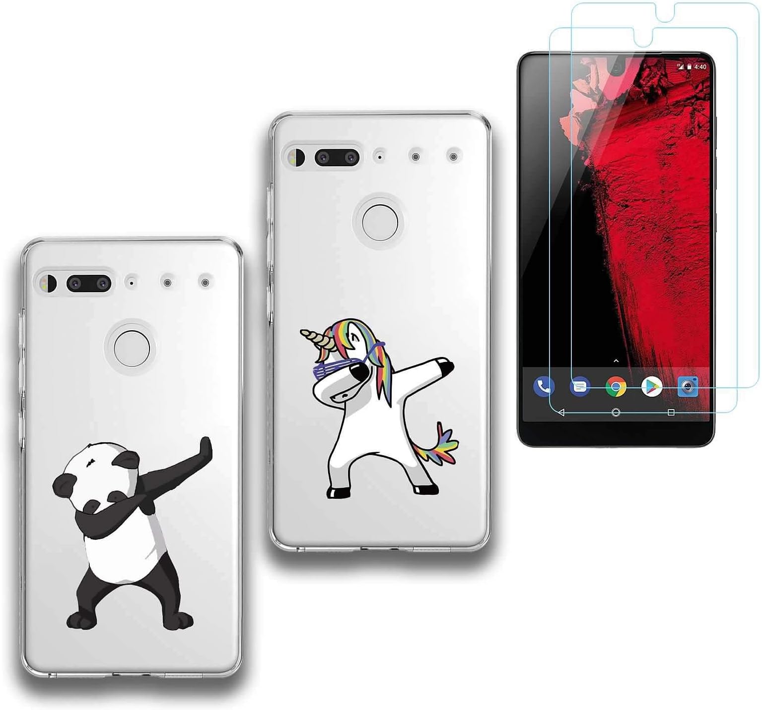 2 X Essential Phone PH-1 Case,Panda + Unicorn Soft Silicone TPU Protective Case Cover For Essential Phone PH-1 (5,71") with TWO tempered glass screen protector