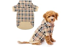 EXPAWLORER Plaid Dog Hoodie - British Style Warm Dog Sweater Shirt with Leash Hole,Pitbull Clothes Outfits,Winter Coat Apparel for All Breeds Puppy Girl Boy-Cat Apparel,Beige Medium