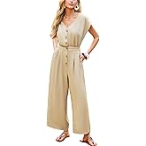 CUPSHE Summer Jumpsuits for Women Dressy V Neck Cap Sleeve Botton Down One Piece Jumpsuit Wide Leg Pants Vacation Outfits