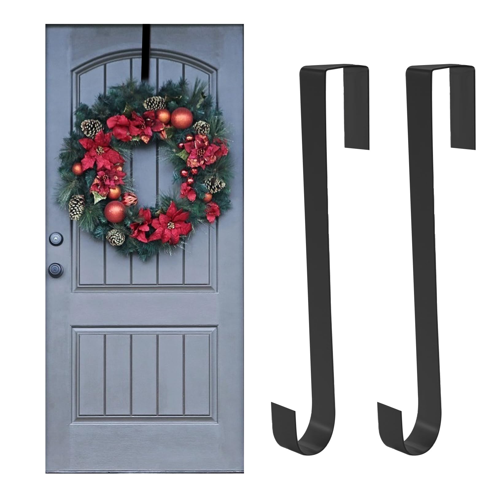 Jsdoin Christmas Wreath Door Hanger, 12.5 Inches Metal Front Door Wreath Hook for Christmas Home Office Wall Wedding Wreaths or Decorations (Black, 2 Pack) — image 1