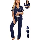 WJing Yi Jia Womens 3Pcs Pajamas Set Soft Pajama Sets Button Down Pjs Set Knit Sleepwear Lounge Sets with Long Pants XS-XXL