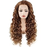 Meiyite Hair Curly Long 26inch Auburn and Honey Blonde Ombre Half Hand Tied Heavy Density Synthetic Lace Front Wigs