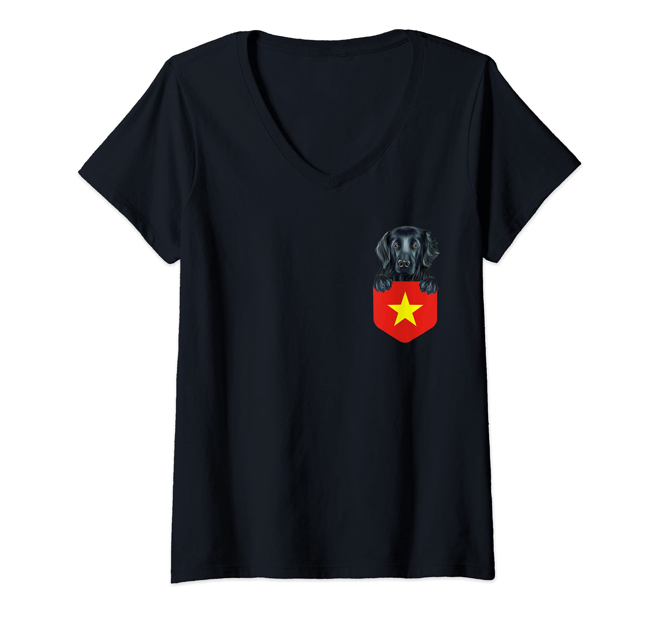 Womens Vietnam Flag Flat-Coated Retriever Dog In Pocket V-Neck T-Shirt
