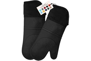 HOMWE Extra Long Professional Silicone Oven Mitt, Oven Mitts with Quilted Liner, Heat Resistant Pot Holders, Flexible Oven Gloves, Black, 1 Pair, 14.7 Inch