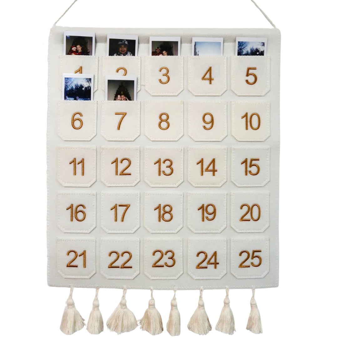 Photo 1 of Photo Advent Calendar with Pockets, Christmas Calendar Countdown, Embroider Numbers Felt Photo Advent Calendar w/ 25 Small Pockets, Advent Calendars for Holiday Tradition (Gold)