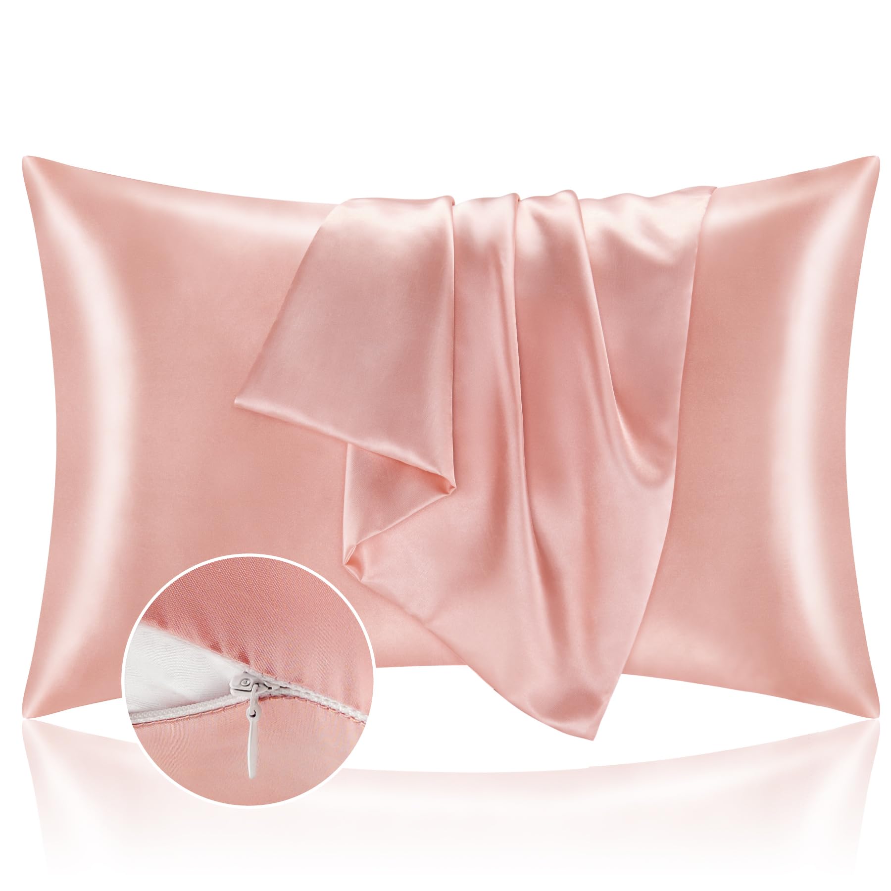 Photo 1 of BEDELITE Satin Pillowcase with Zipper 2 Pack, Coral Pillow Cases Standard Size, Super Soft and Cooling Similar to Silk Pillow Cases, Gift for Women Men(20x26 Inches)