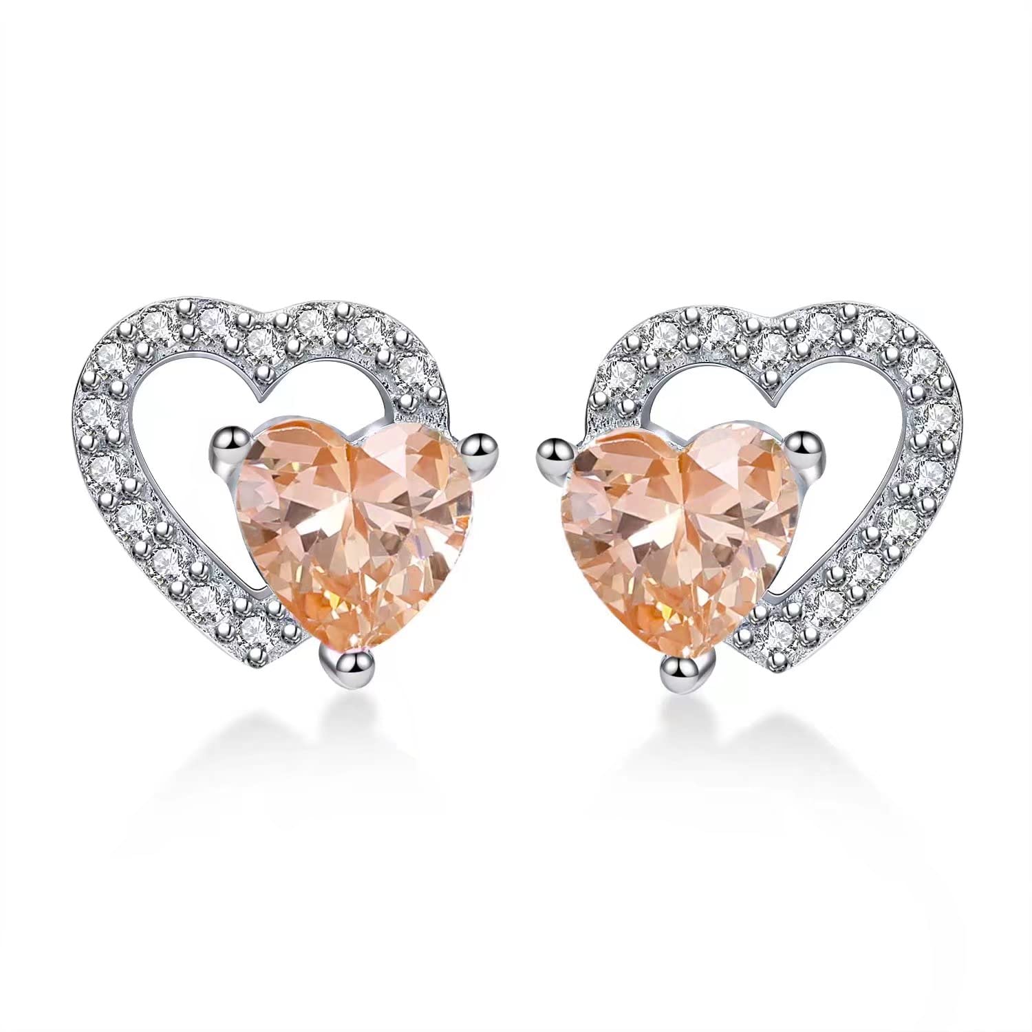 Qings November Topaz Birthstone Stud Earrings Hollow Yellow Citrine Heart-shaped Gemstone Cubic Zirconia 925 Sterling Silver Double Heart Present for Her
