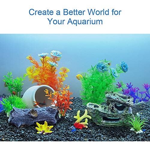 GreenJoy Aquarium Decorations Accessories Shipwreck Plastic Plants Cave - 11 Pack Fish Tank Decorations Set with Resin Tree Trunk House Ship Hideouts Artificial Plastic Plants and Coral Small Kit