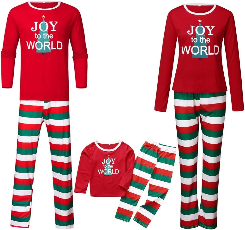 Zilosconcy Xmas Pyjamas Family Set， Family Matching Pyjamas Set Letter Printed Tops+Double-Color Strip Pants Soft Comfortable Xmas Pajamas