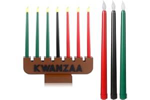 Baquler 8 Pcs Kwanzaa Kinara Set Kwanzaa Candles Flameless Battery Powered Electric Flameless Taper Candle with Kinara Holder Wood Stand for Decorations(Brown Holder)