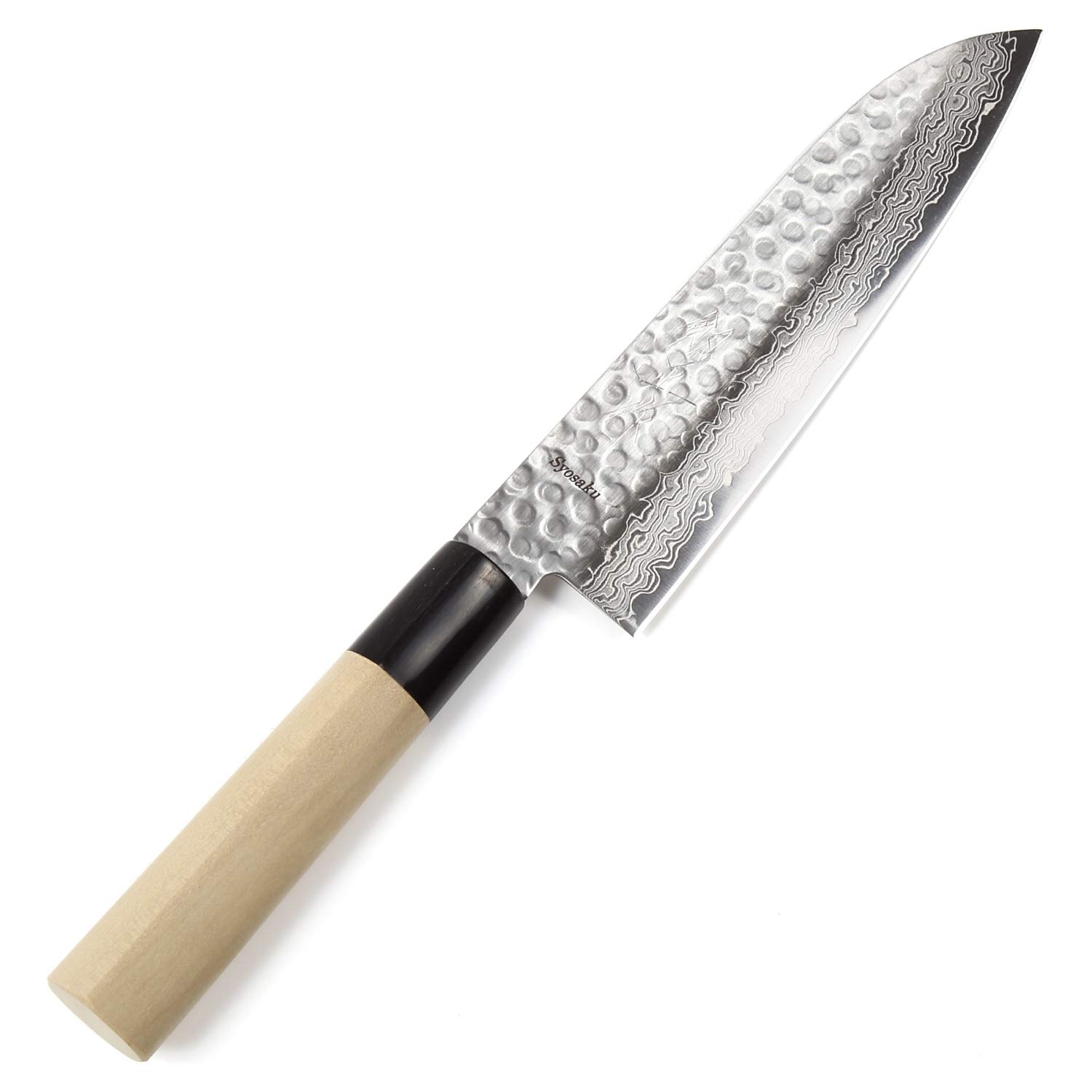 Syosaku Japanese Multi Purpose Chef Knife Hammered Damascus VG-10 46 Layer D-Shape Magnolia Wood Handle, Santoku 7-inch (180mm)