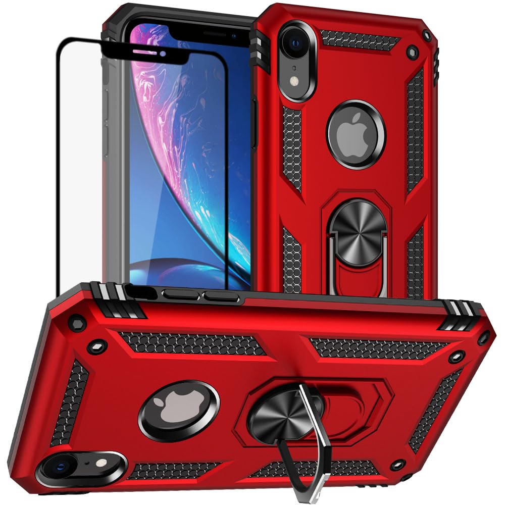 Yiakeng for iPhone XR Case, iPhone XR Phone Cases With Screen Protector, Silicone Shockproof Military Grade Protective Phone Cover with Ring Kickstand for iPhone XR (Red) โ image 1
