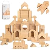 100 Pcs Wooden Blocks for Toddlers 1-3, Kids Building Blocks &amp; Shape Sorter | Natural Beech Wood - Bucket for Easy Storage - Montessori Toys for 1 2 3 Year Old, Learning Toys for Preschool Girls and Boys