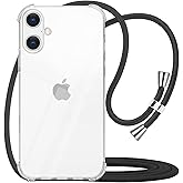 YESPURE for iPhone 16 Cute Clear Case with Adjustable Neck Cord Lanyard Strap for Women Soft TPU Bumper Cover Shockproof Protective Case Cover for iPhone 16 - Black