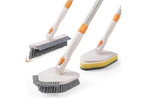 3 in 1 Shower Scrubber Cleaning Brush with 50'' Long Handle, FUUNSOO Tub & Tile Grout Brush Stiff Bristles Lock in Place Scru
