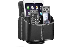 YAPISHI Leather Remote Control Holder, 360 Degree Spinning Desk TV Remote Caddy/Box,Bedside Table Organizer for Controller, Media, Mail, Calculator, Mobile Phone and Pen Storage