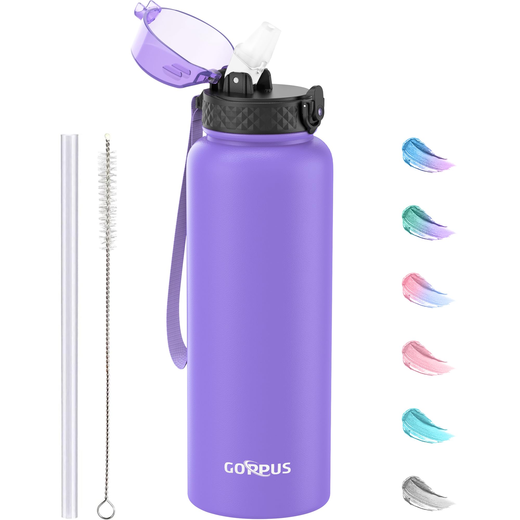 GOPPUS 1.2L/40oz Stainless Water Bottle with Straw Double Wall Insulated Bottles with Strap Large Vacuum Thermal Flask Leakproof Keep Cold Drinks Bottles with Flip Top Lid for Men Women BPA Free — image 1