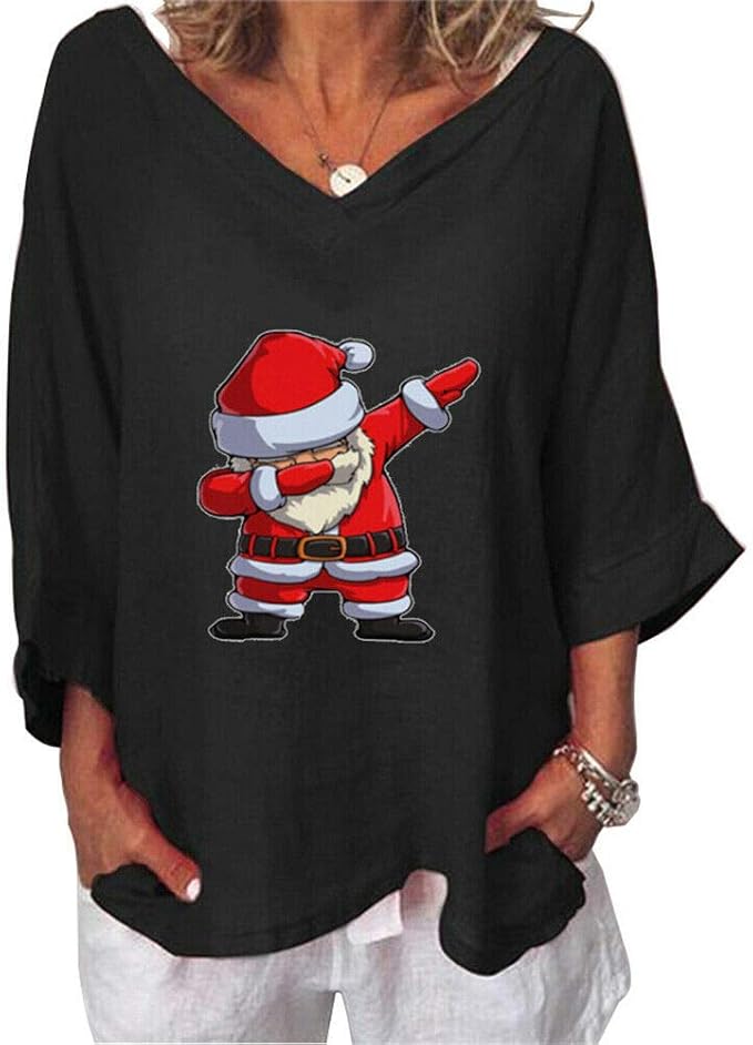 TranRay Christmas Womens V Neck 3/4 Sleeve Casual Tops Blouse Santa Claus Loose T-Shirt at 