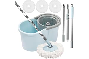 HYZSWGC Spin Mop and Bucket with Wringer Set, 360° Spinning Mop Bucket System with 3 Microfiber Mop Replacement Heads, Adjustable Handle for Floor Cleaning (Light Blue)