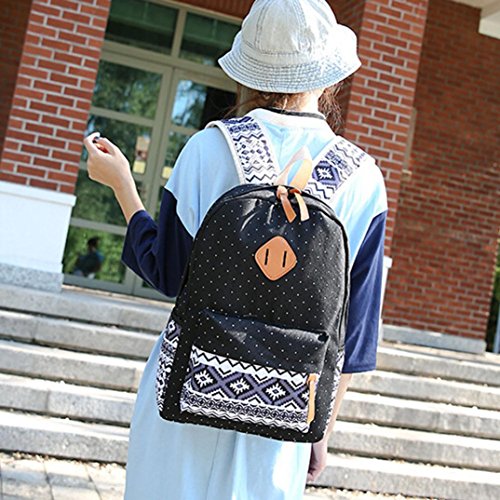 Coohole Girl Canvas Shoulder School Bag Backpack+Crossbody Tote Bag+Clutch Purse (Black)