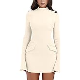 YMDUCH Women's Long Sleeve Mock Turtle Neck Bodycon Mini Tank Short Party Dress