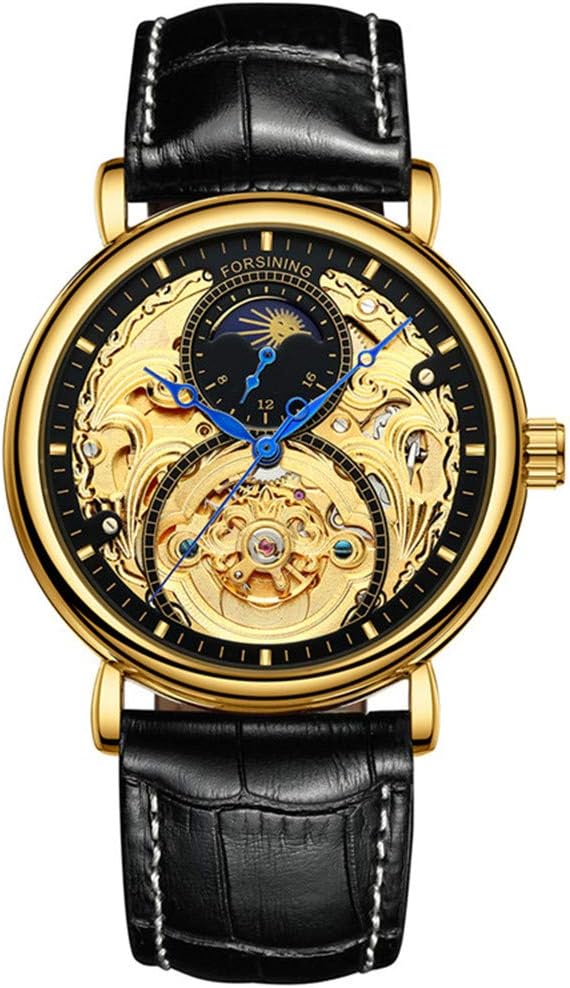 FORSINING Men's Automatic Analog Watch Fashion Skeleton Tourbillon Waterproof Moon Phase Leather Mechanical Watch