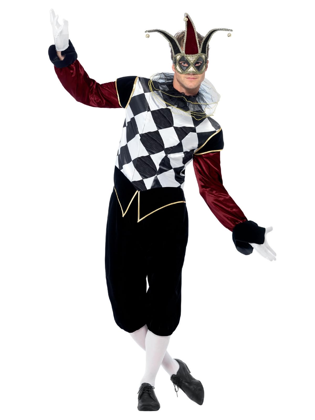 Smiffys Gothic Venetian Harlequin Costume, Black with Top, Trousers & Collar, Halloween Carnival of The Damn Fancy Dress, Adult Dress Up Costumes