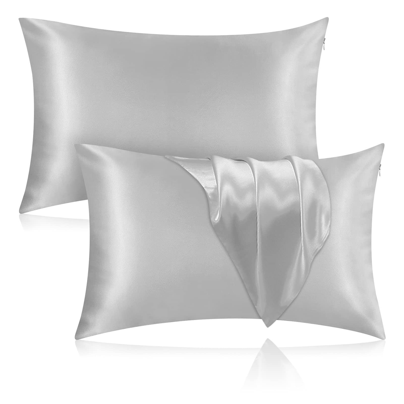 Veaken Mulberry Silk Pillowcase 2 Pack, 25 Momme, 600 Thread Count, Pure Silk Both Sides, Hidden Zipper (Gray, 20''×26'')