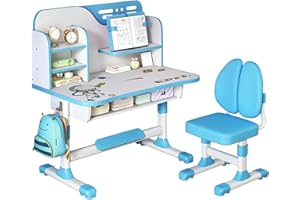 Ehozirta Kids Study Desk Chair Set,Height Adjustable Child Desk and Chair Set School Study Table for Kids,Kids Desk with Chair Gift, Children Desk with Large Writing Board, Bookshelf and Drawer Blue